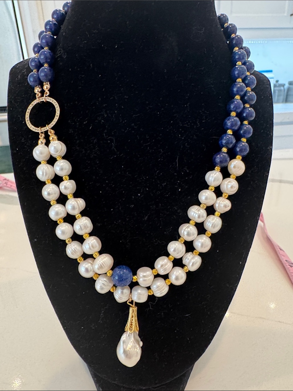 Lapis and Pearled Double-Strand Statement Necklace